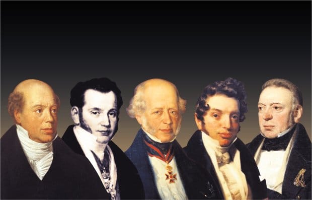 Nathan Mayer (1777-1836), Kalman (Carl) Mayer (1788-1855), Amschel Mayer (1772-1855), Jakob (zwany Jamesem) Mayer (1792-1868), Salomon Mayer (1774-1855) (be&w (3), east news, wikipedia)