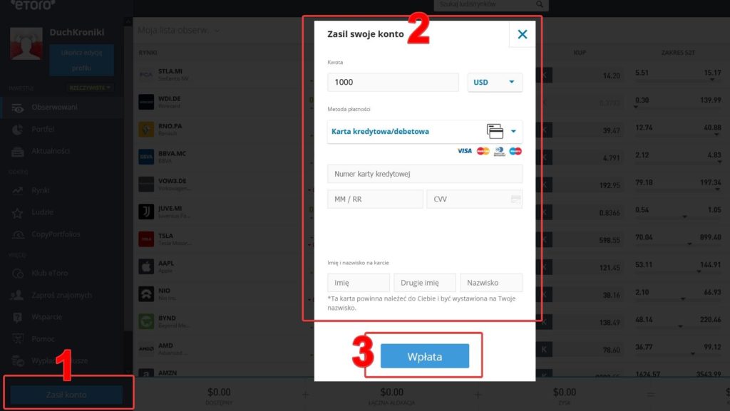 eToro formularz wpłaty depozytu