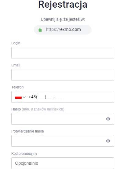Exmo formularz rejestracyjny